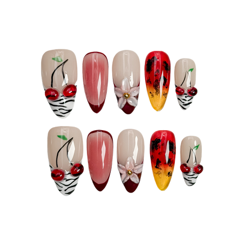 Handmade Prime Spring Cherry press-on nails with cherry and floral designs.