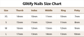 Size chart for Glitify Pink Flower Handmade Press On Nails showing dimensions for thumb, index, middle, ring, and pinky fingers in sizes S and L.
