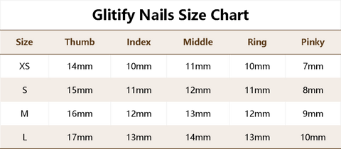 Size chart for Glitify Pink Flower Handmade Press On Nails showing dimensions for thumb, index, middle, ring, and pinky fingers in sizes S and L.