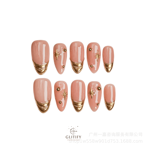 Prime-Golden Streamer handmade nails with gold accents, easy-to-apply press-on set by Glitify.